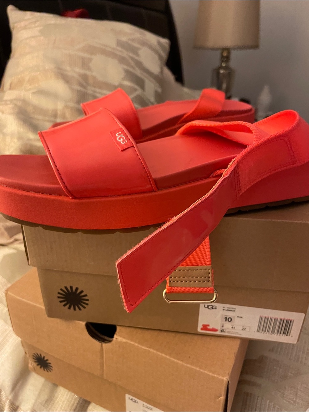 UGG Women’s Coral-Red Platform Slide Sandals
